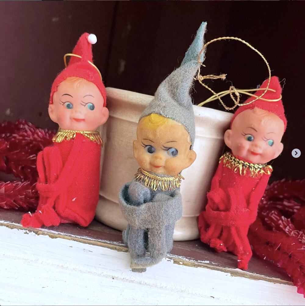 Vintage Christmas Knee Hugger Elf Rubber Face Japan Splotchy Faces SET OF 3